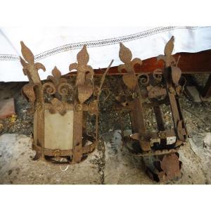 Pair Of 19th Century Wrought Iron Lanterns Decorated With Fleur-de-lis  