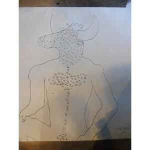 Dessin au feutre signé  Ernest  Salvado  " le minotaure " 