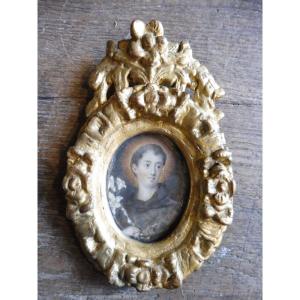 Miniature  sur ivoire  "saint Joseph"  dans un cadre en bois doré  Louis XIV 