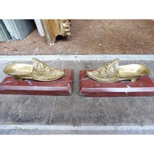 Pair Of Gilt Bronze Shoes, Marble Bases, 19th Century