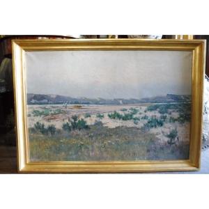 Huile sur toile  signée  Louis  Le Poittevin  " labours  près de la Roche Guyon "