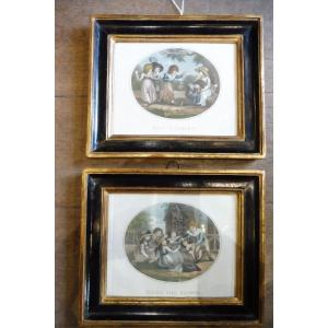 Paire de gravures en couleur  anglaises  début 19 eme  dans  les cadres  d'origine  