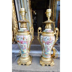 Pair Of Canton Porcelain Lamp Bases, Gilt Bronze Mount 19th Century