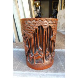 Bitong en bambou finement sculpté , Chine 19 eme