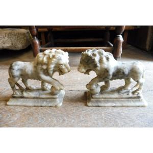 Pair Of 19th-century Alabaster "medici Lions" Sculptures