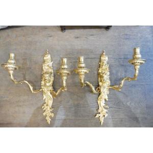 Pair Of Two-arm Wall Sconces In Gilded Bronze, Modeled After Cressent, Regency Style