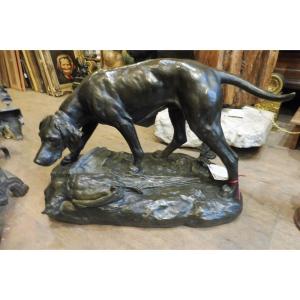 Sculpture  en bronze  signée J. E.   Masson  , " Chient  à l'arrêt  devant  une perdrix   "   