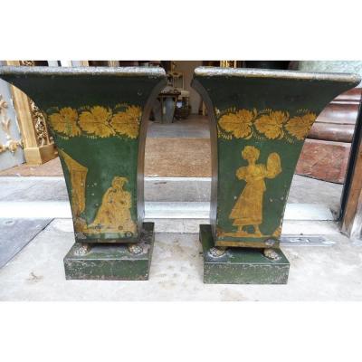 Pair Of Vases In Lacquered Green And Gold Plate, Empire Period