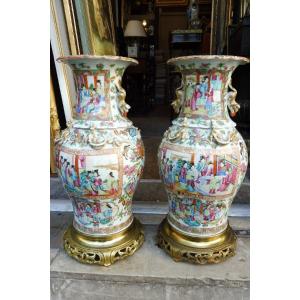 Pair Of Canton Porcelain Vases Mounted In Bronze 19 Century 