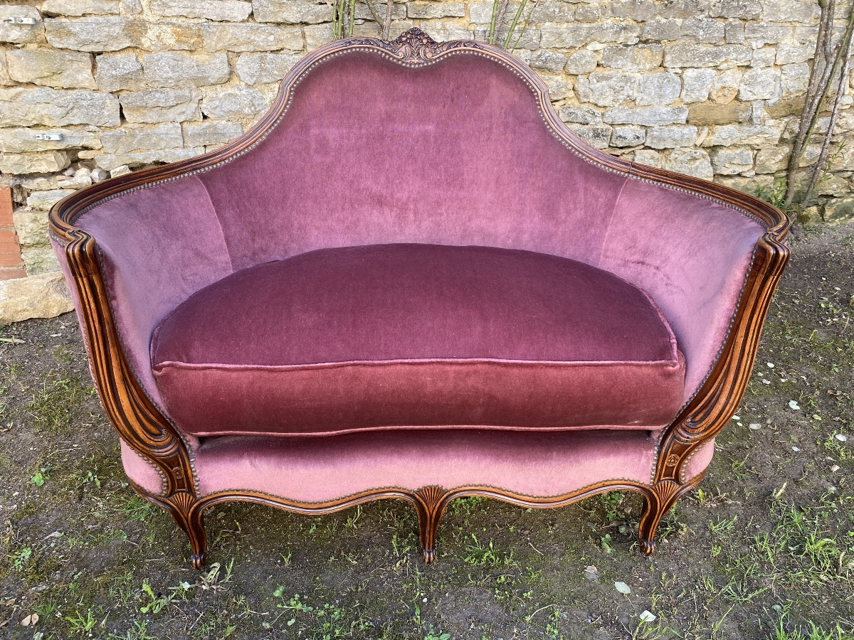 Petite Banquette Style Louis XV En Noyer 