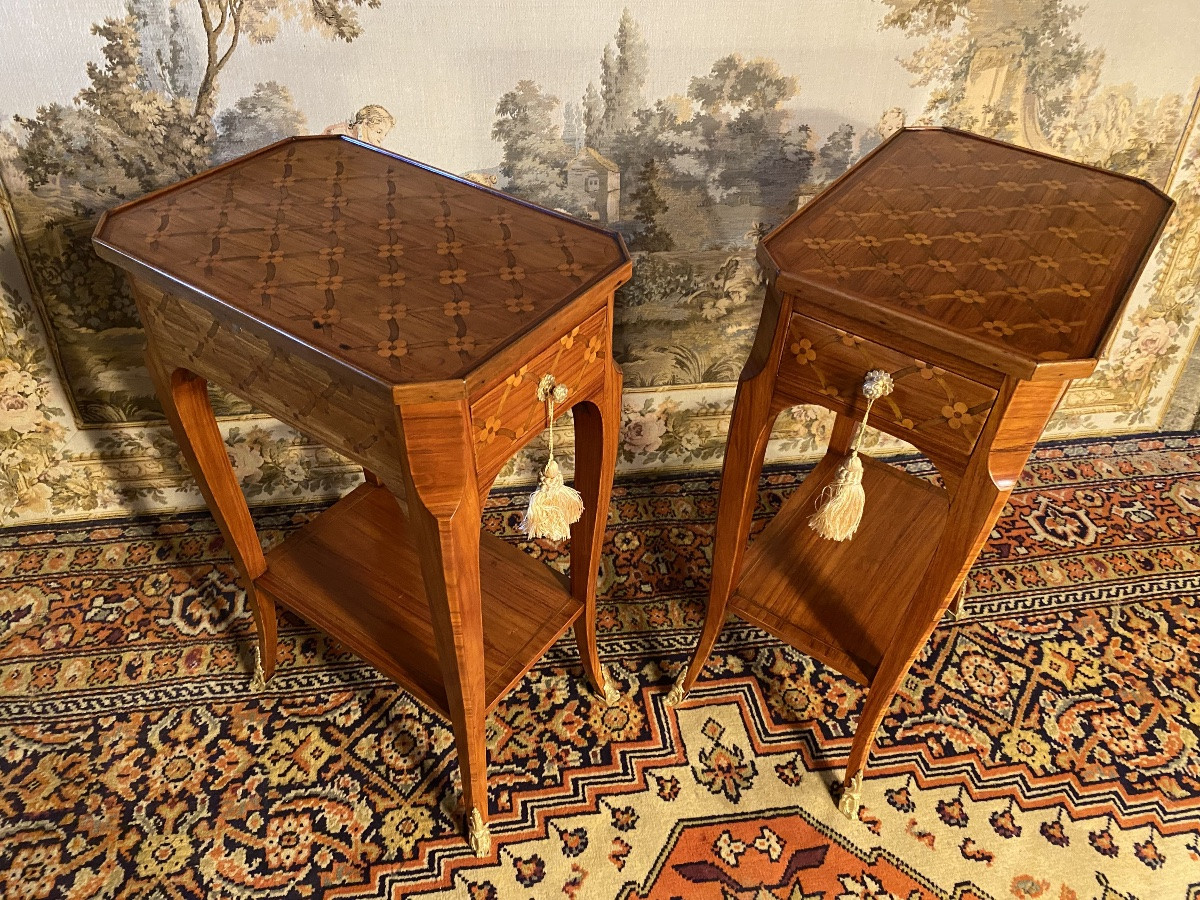 Pair Of Louis XV Bedside Tables In Marquetry -photo-2