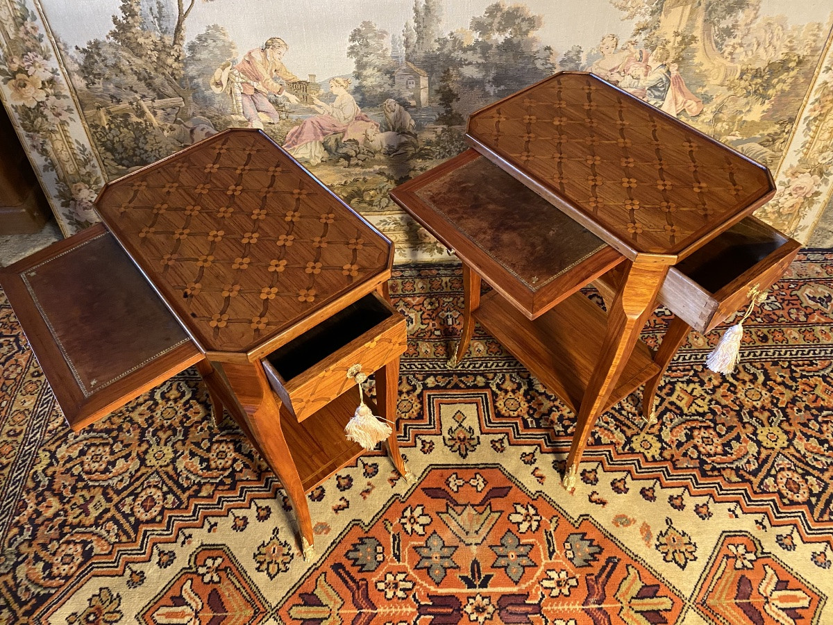 Pair Of Louis XV Bedside Tables In Marquetry -photo-4