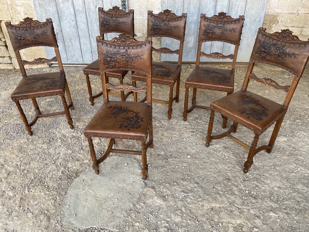 Set Of 6 Henri II Leather Chairs -photo-3
