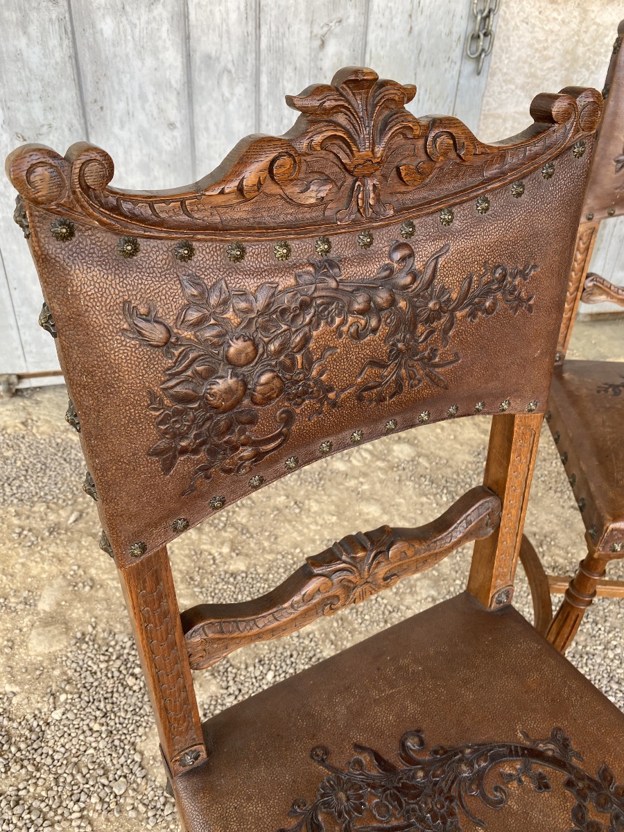 Set Of 6 Henri II Leather Chairs -photo-3