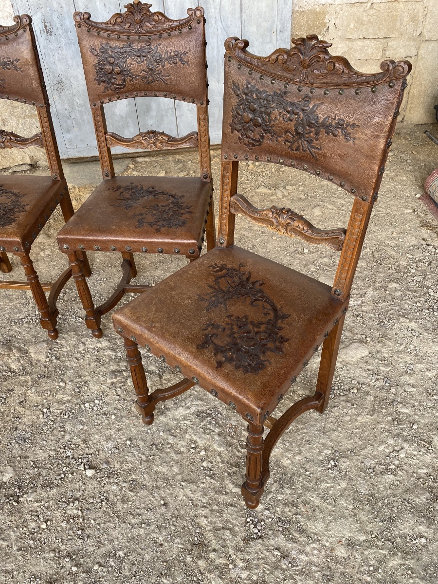 Set Of 6 Henri II Leather Chairs -photo-5