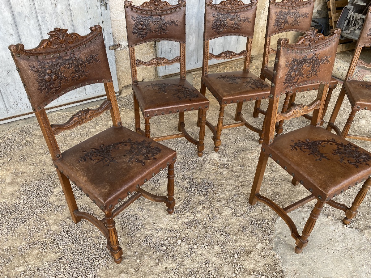 Set Of 6 Henri II Leather Chairs -photo-6