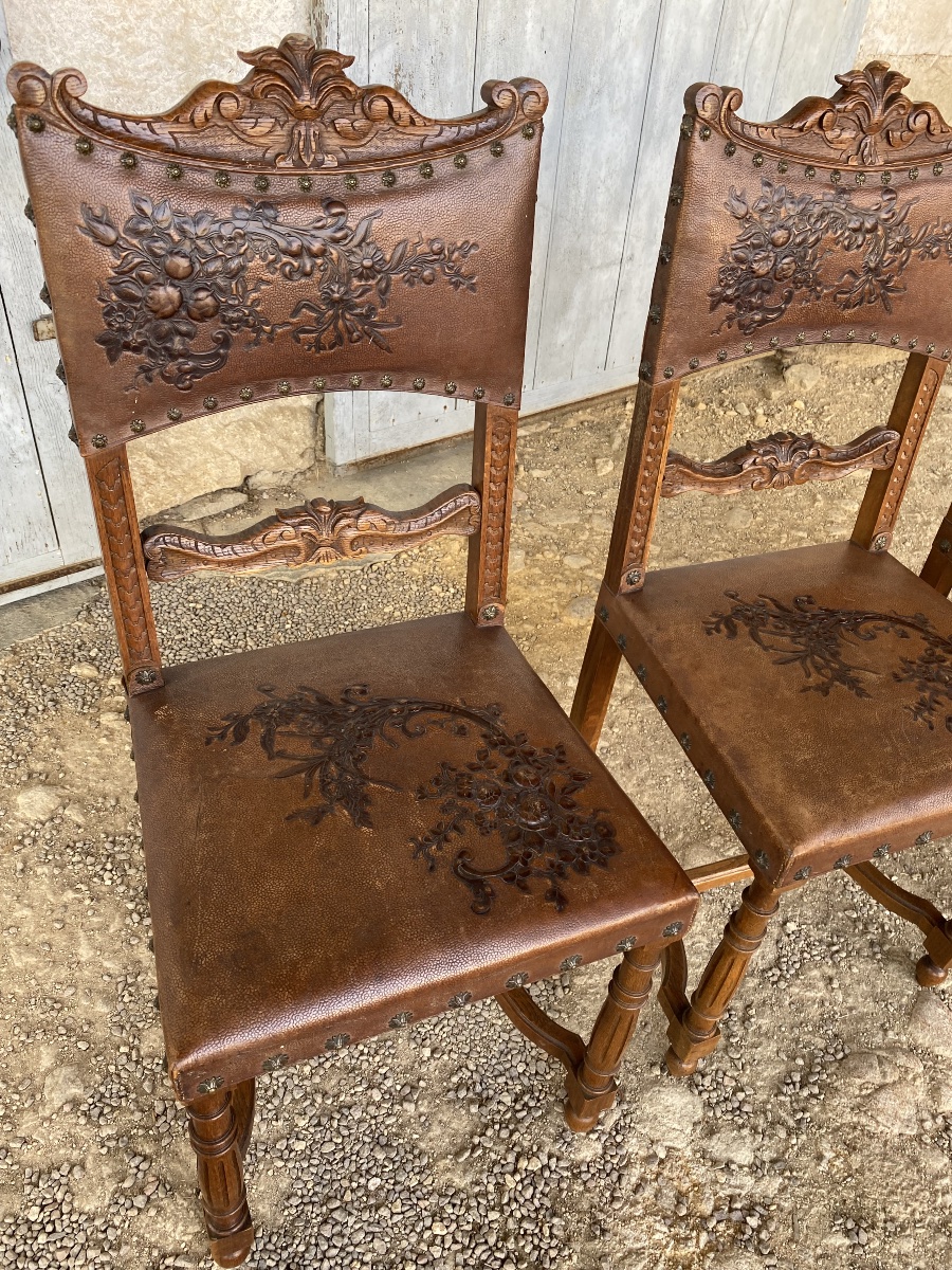 Set Of 6 Henri II Leather Chairs 