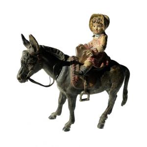 Ancien Bronze De Vienne, Un âne Portant Une Petite Fille 