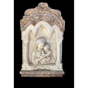 Virgin And Child. Bas-relief, 17th Century In Marble 
