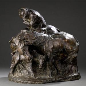 Bronze XIXème siècle, Homme affrontant le froid avec ses chevaux 