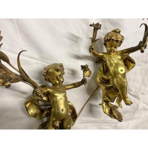 Pair Of Wall Sconces Featuring Gilded Bronze Cherubs