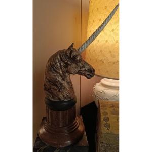 Cheval En Fonte Licorne Dorure A La Feuille d\'Or (usure) Faux Porphyre Bois Pitch Corne Corne D