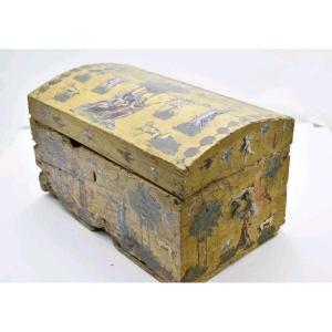  Petite Malle En Bois Laqué à Figures Gravées Et Peintes, Art Pauvre Piémont, Italie XVIIIÈme