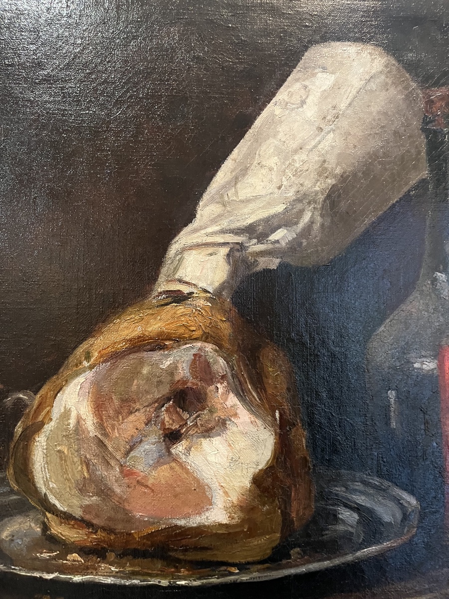 « Nature morte au jambon » Alfred Benoît Caillaud (1855-1940) huile sur toile signé-photo-2