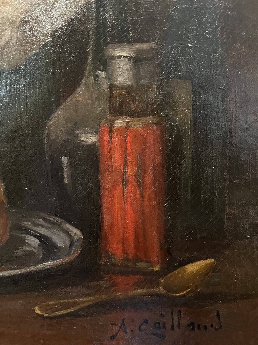 « Nature morte au jambon » Alfred Benoît Caillaud (1855-1940) huile sur toile signé-photo-4