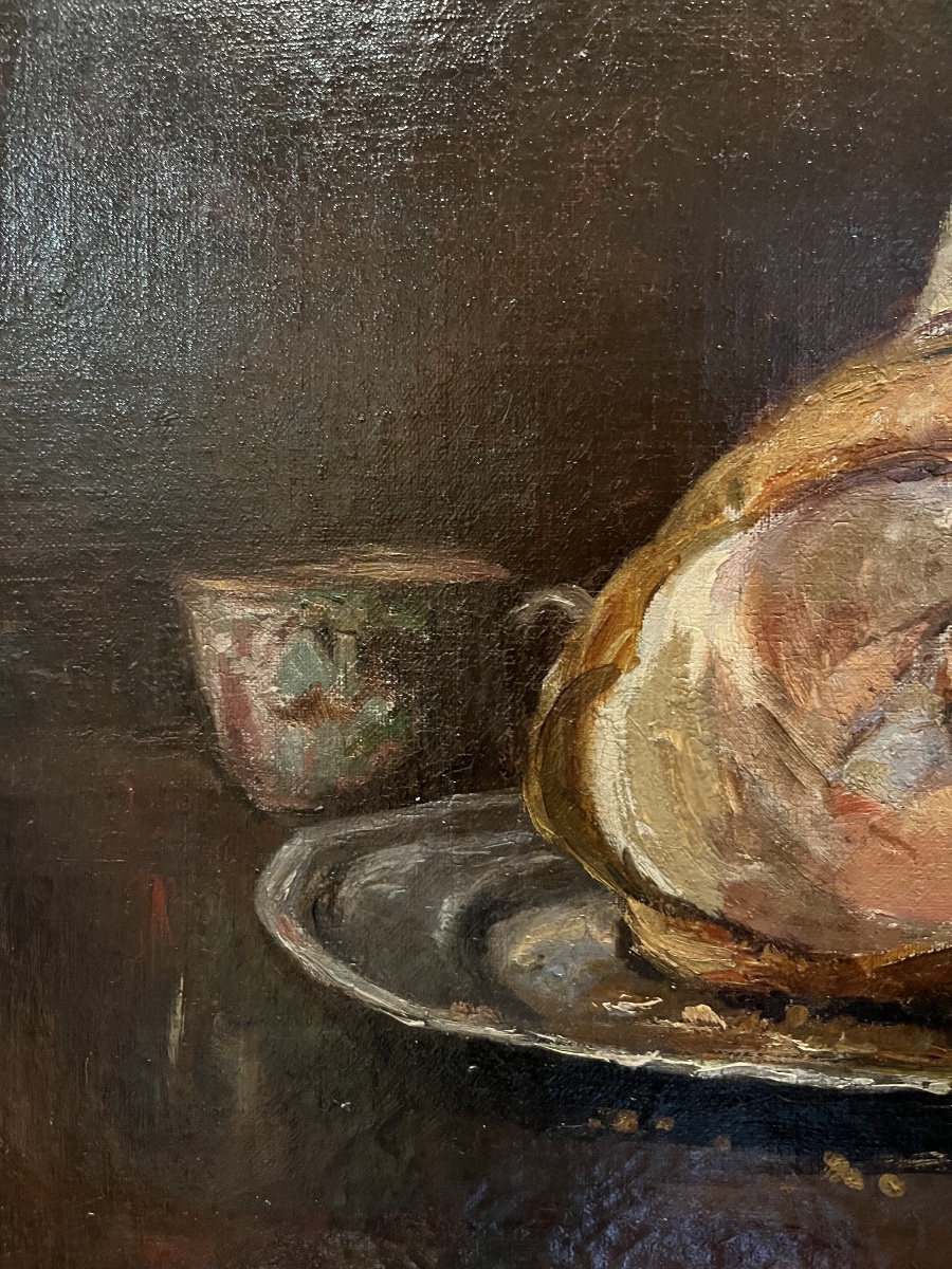 « Nature morte au jambon » Alfred Benoît Caillaud (1855-1940) huile sur toile signé-photo-1