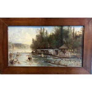 Anonyme La Grenouillère à Croissy sur Seine Vers 1900 Huile sur panneau