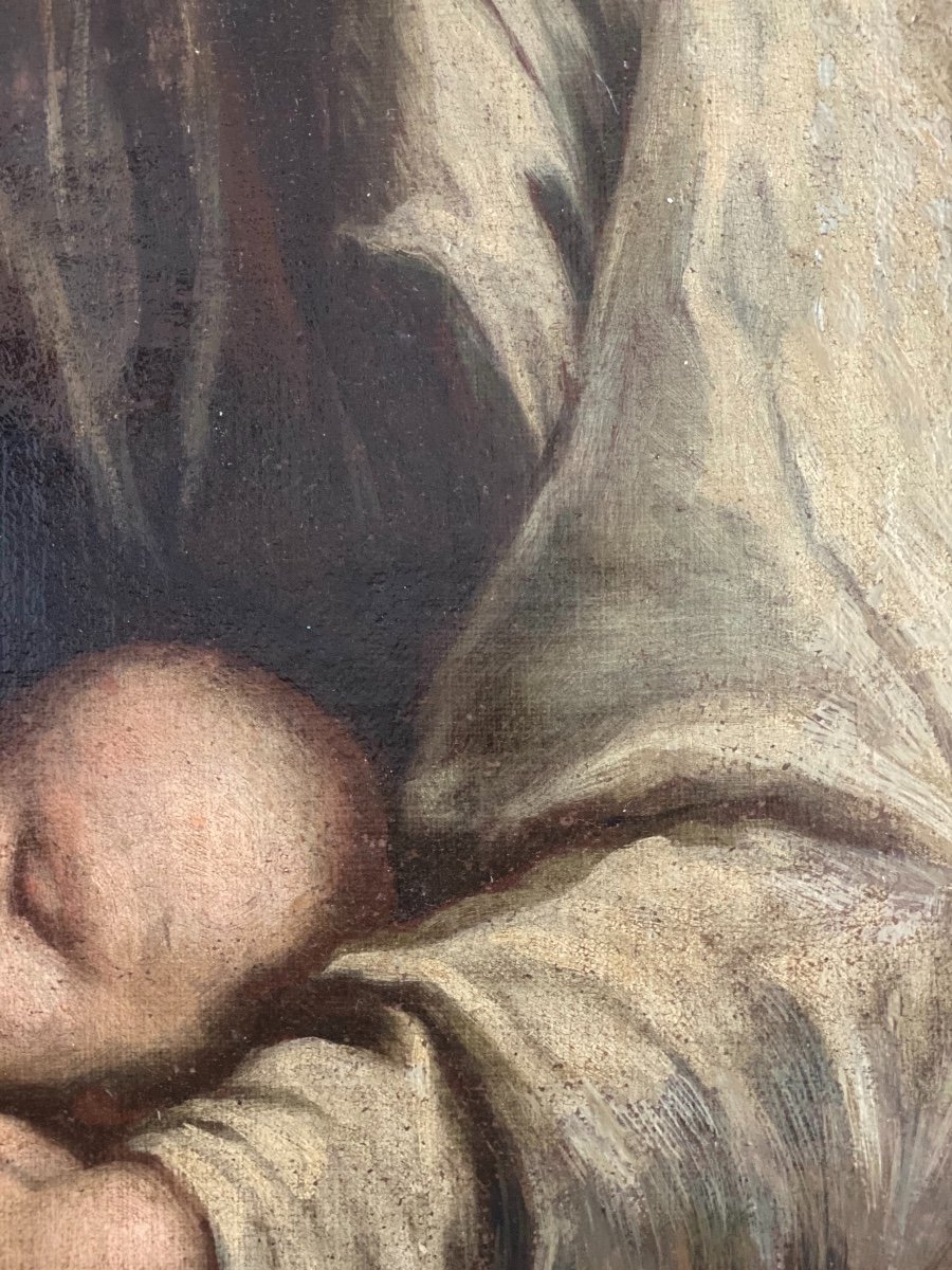 Vierge à L’enfant Et Deux Anges Début 17ème Siècle Entourage De Annibale Carrache (1560-1609)-photo-2