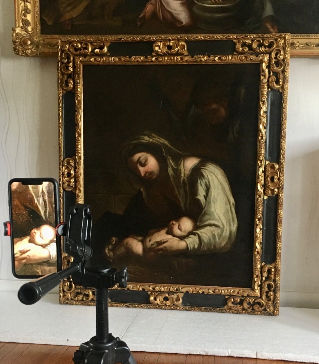 Vierge à L’enfant Et Deux Anges Début 17ème Siècle Entourage De Annibale Carrache (1560-1609)-photo-4