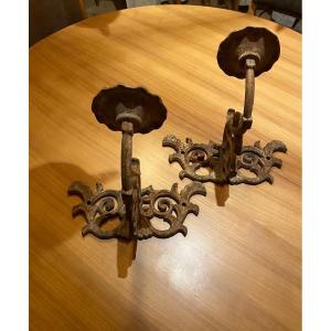 Pair Of Cast Iron Candlestick Sconces, 19th Century