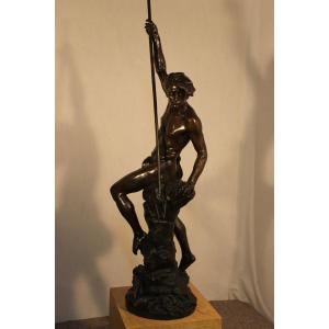 Bronze "the Harpoon Fisherman" Signed Ferrand Ernest Justin