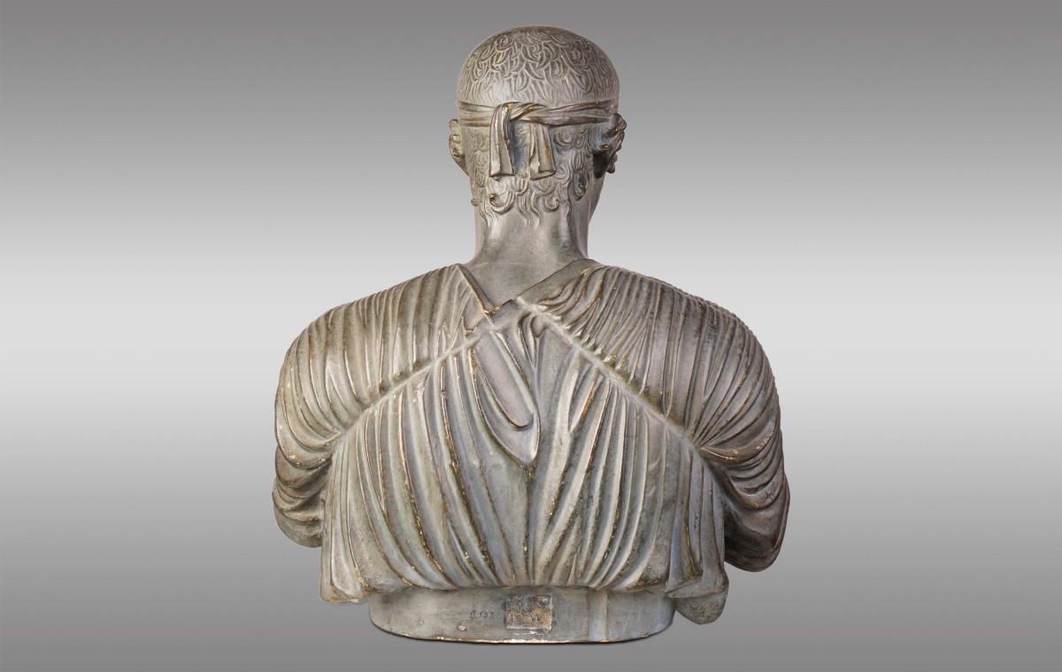 Le Aurige de Delfos. Buste en stuc patiné bronze du XlXeme -photo-2