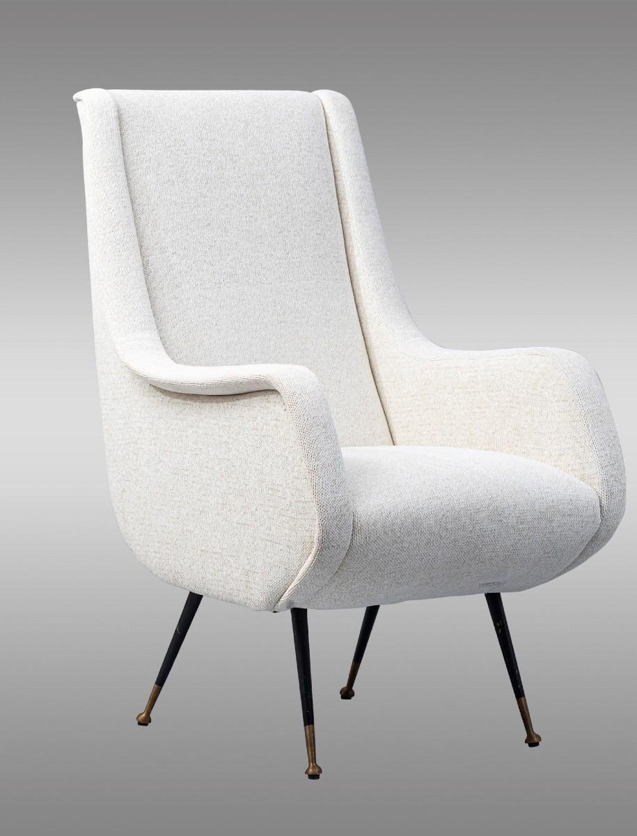 Italian Armchairs Newly Upholstered In Wool, With Metal Legs.-photo-2