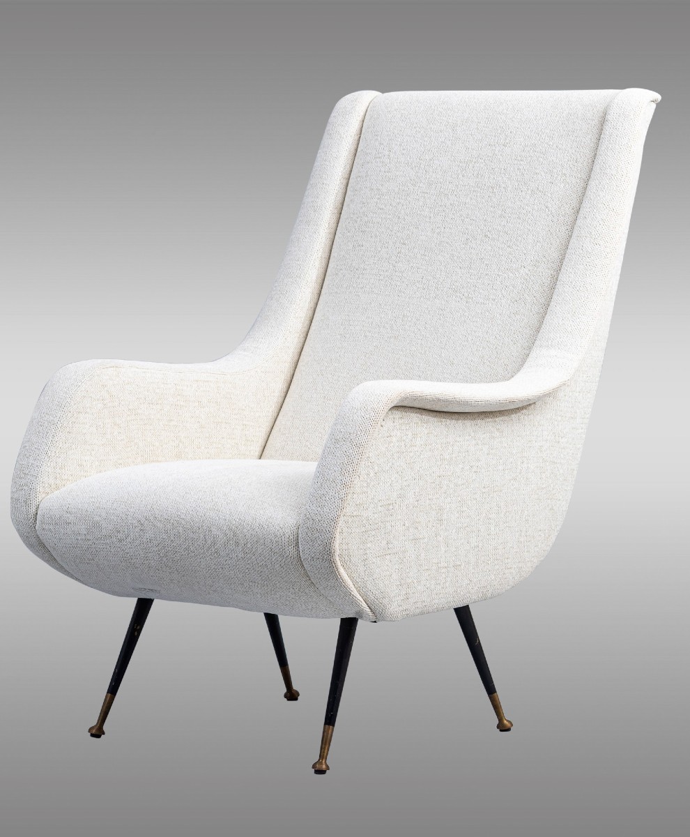 Italian Armchairs Newly Upholstered In Wool, With Metal Legs.-photo-3