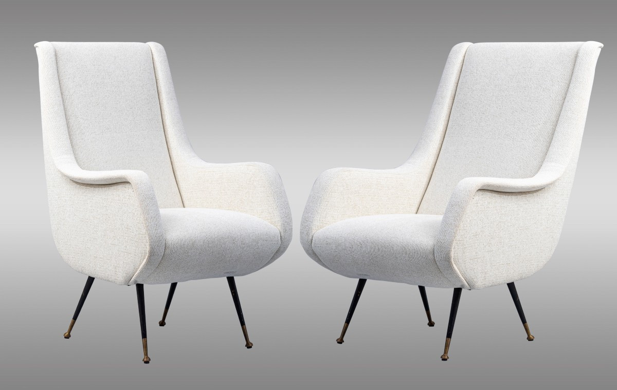 Italian Armchairs Newly Upholstered In Wool, With Metal Legs.