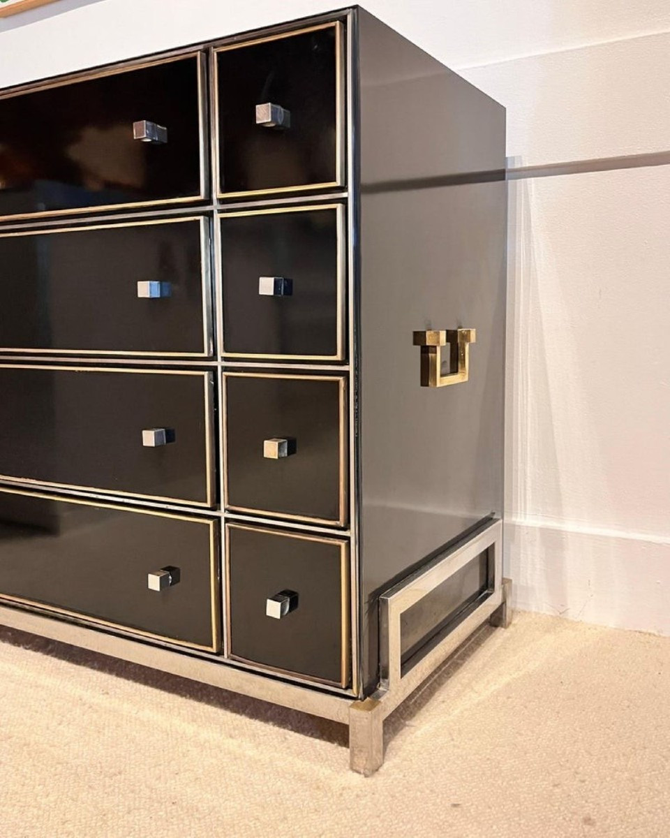 Michel Pigneres, Chest Of Drawers, Brass, Chromed Steel, Black Formica, France, 1970s-photo-4