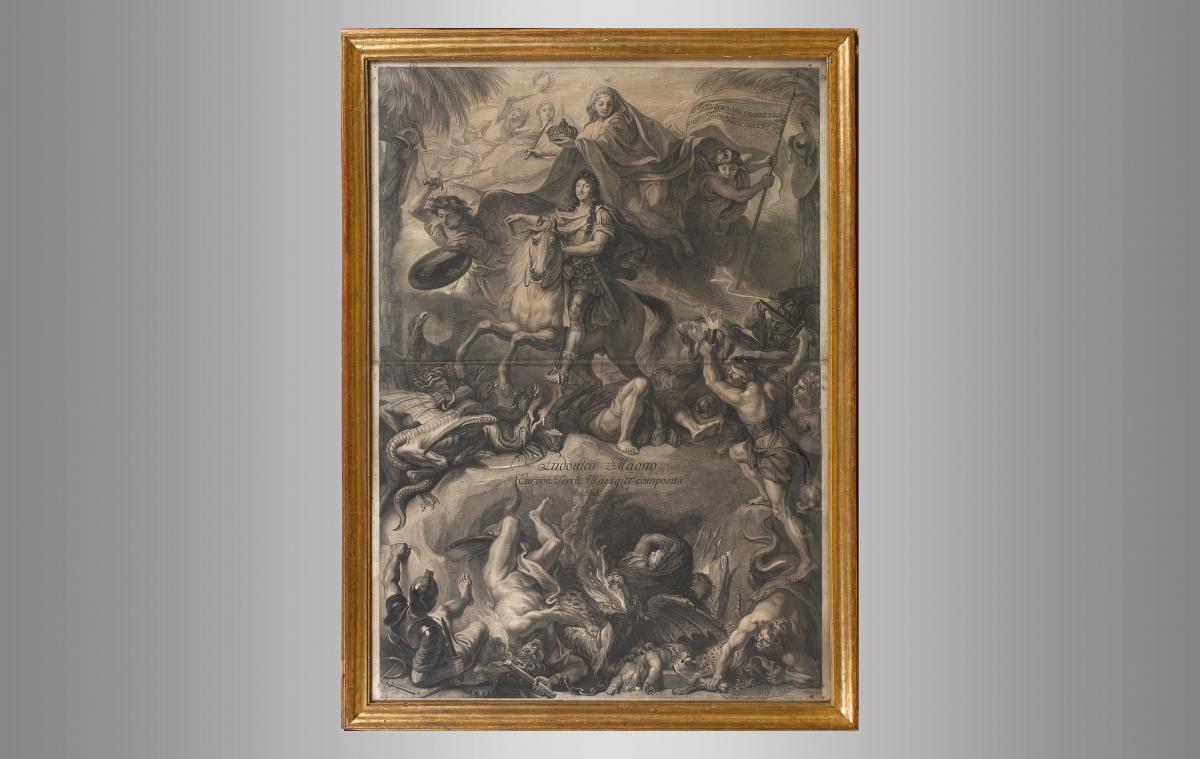 Luis XIV enorme gravure par Ederlink.  Vers 1680  avec cadre et verre de l´epoque.