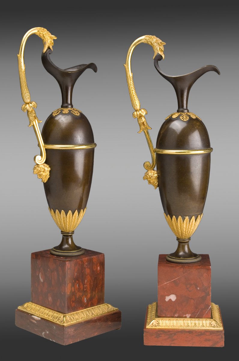 Pair Of Aiguiéres In Patinated And Gilded Bronze, Model By André Ravrio