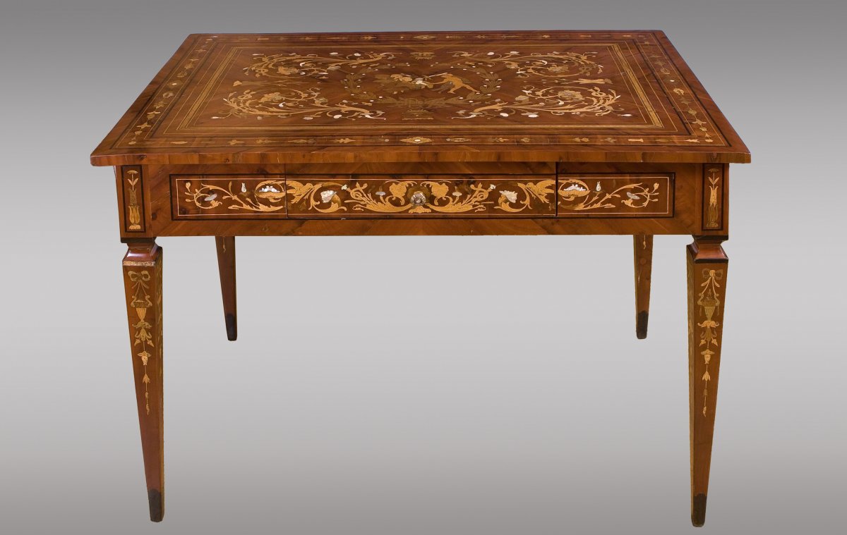 Middle Table Inlaid With Different Woods, Bones And Mother-of-pearl Maggiolini Type