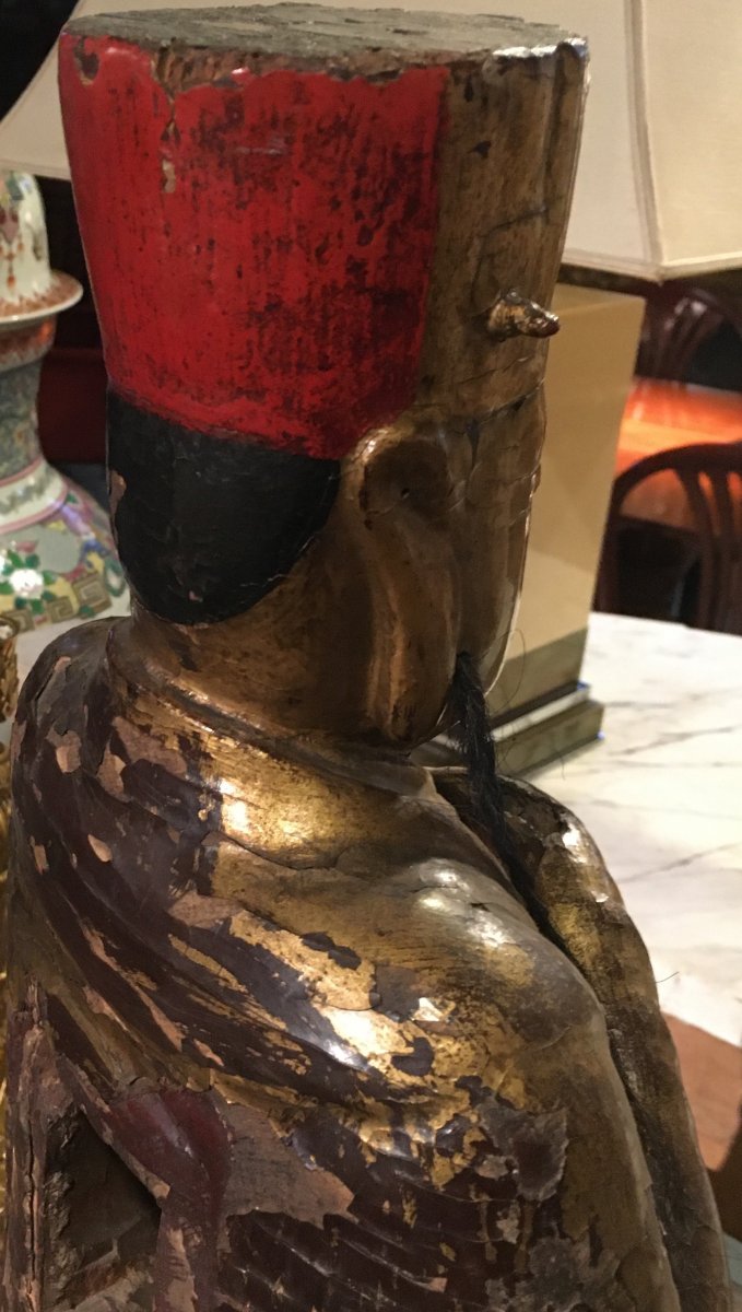Figure Of Chinese Dignator In Golden And Painted Wood. Eighteenth Century-photo-1