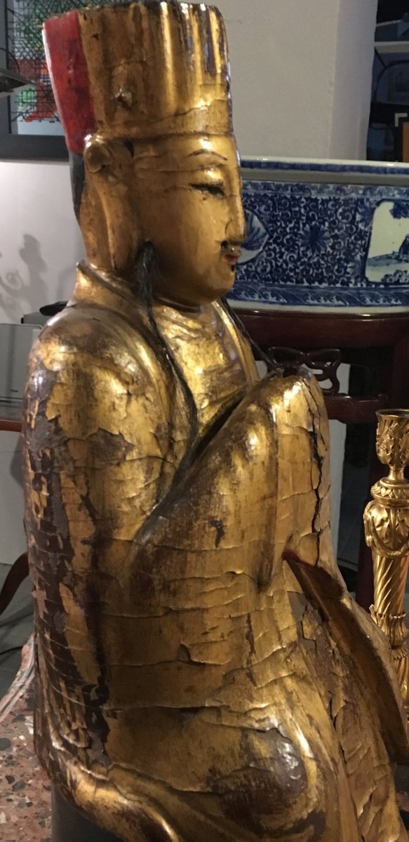 Figure Of Chinese Dignator In Golden And Painted Wood. Eighteenth Century-photo-2