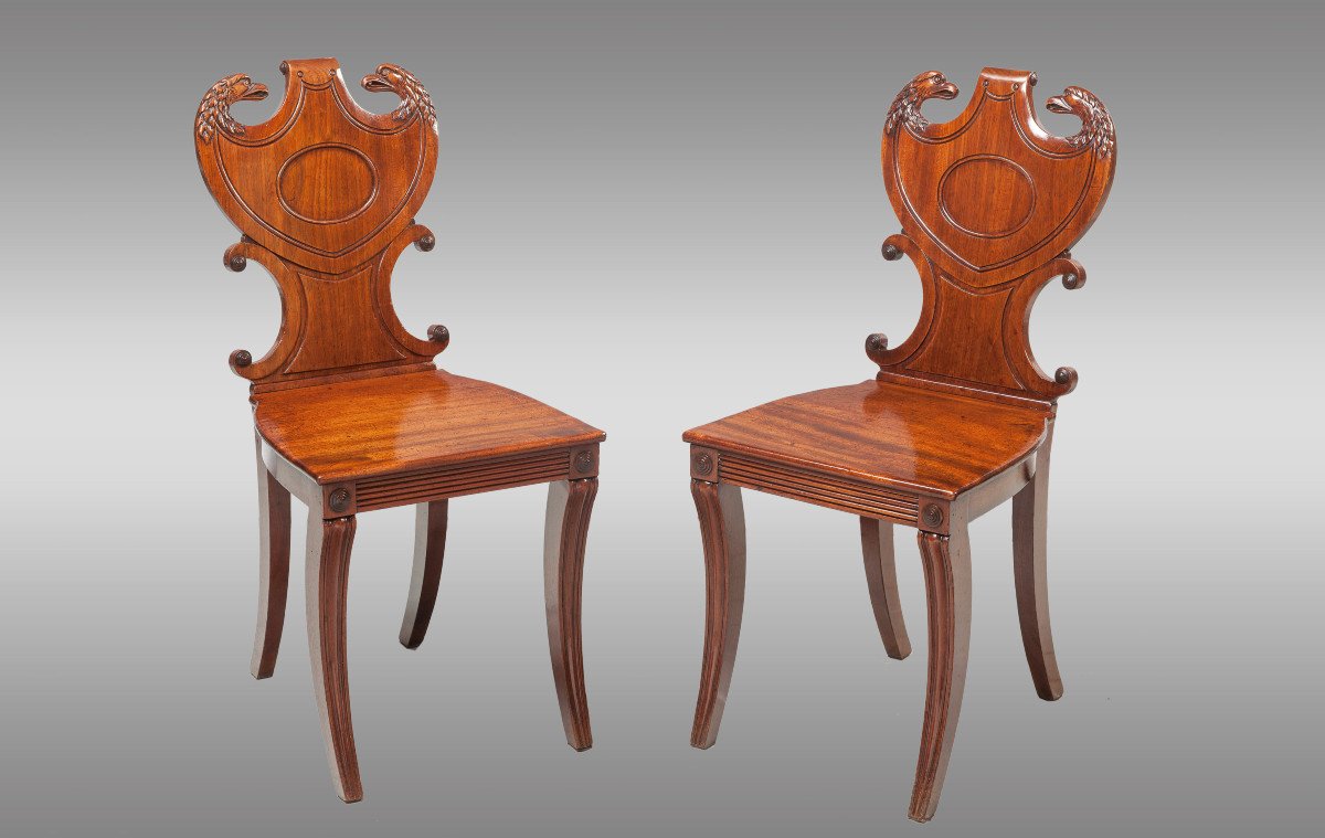 Pair Of English Hall Chairs In Mahogany. Around 1815