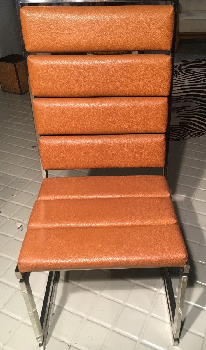 6 Chaises Italiennes salle à manger Modèle Romeo Rega, En acier chromé tapisés en faux cuir-photo-3
