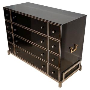 Michel Pigneres, commode, laiton, acier chromé, formica noir, France, années 1970