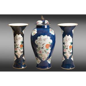 A Covered Vase And Two Cornet Vases In 18th Century Chinese Porcelain