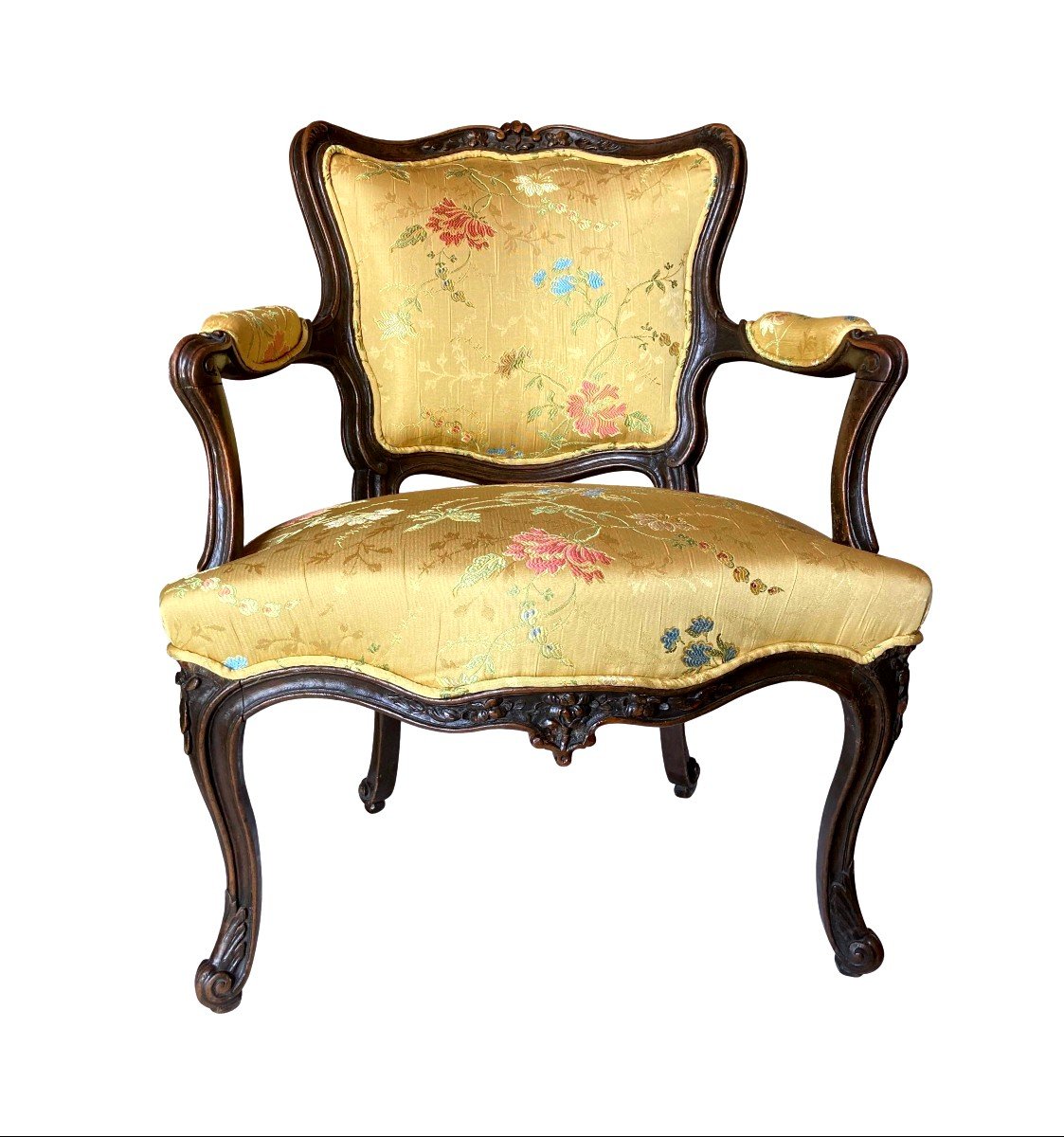 Paire De Fauteuils  Louis XV En Lampas de Soie Du XVIIIe Siècle-photo-2
